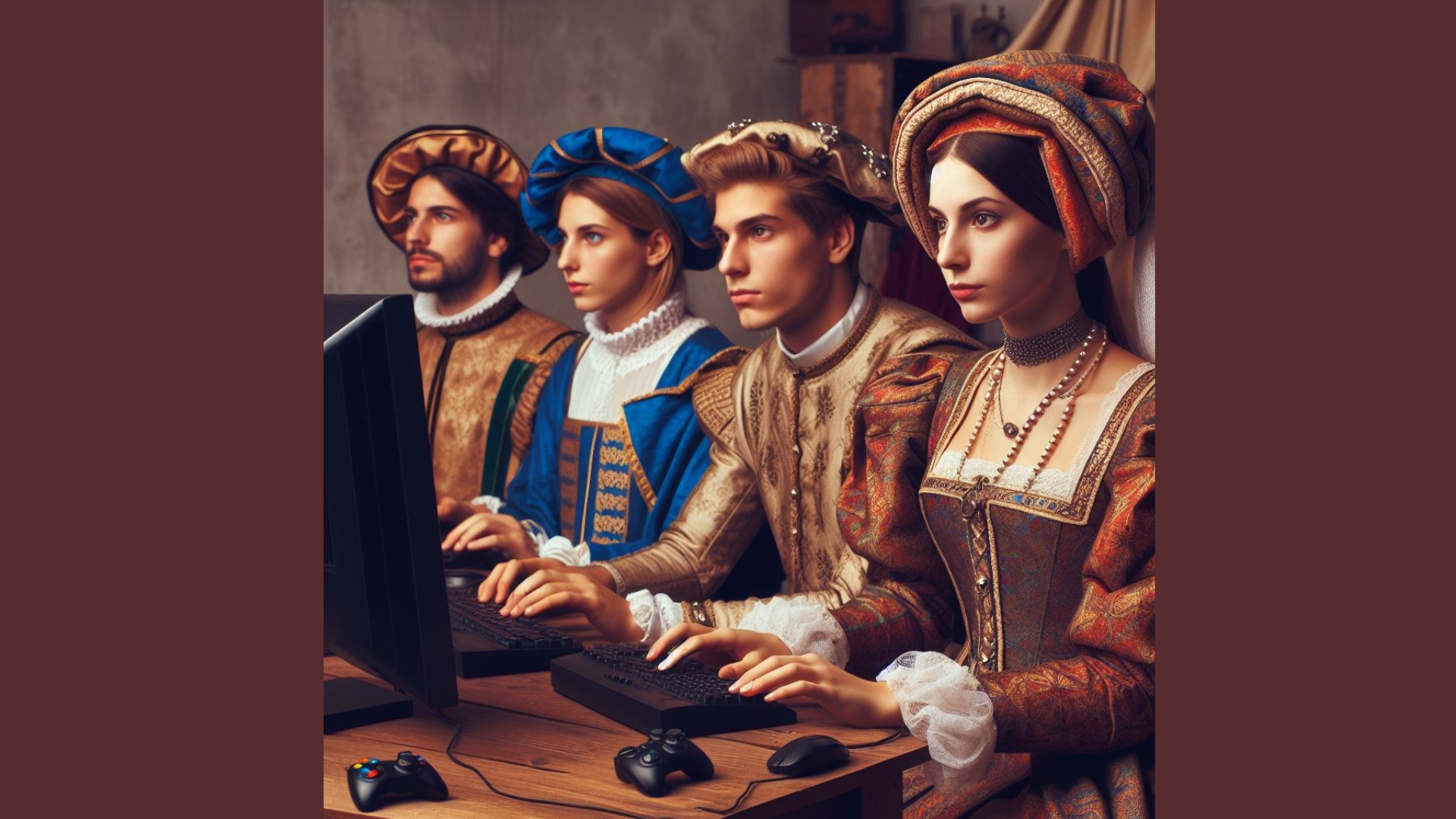 Four people in elaborate Renaissance-style clothing sit at a table using desktop computers and game controllers, blending historical fashion with modern technology.