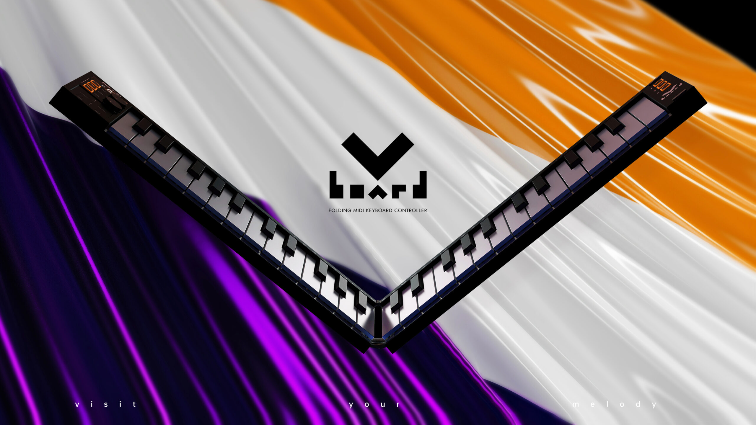A V-shaped electronic keyboard controller floats over a background of draped orange, white, and purple fabric. The word Viard and the phrase folding MIDI keyboard controller appear at the center.