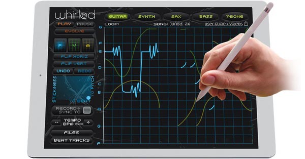 A hand uses a stylus on a tablet displaying music software with waveform graphics, instrument options, and controls for playback, recording, and beat synchronization.