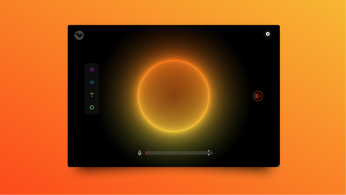 A digital interface displays a glowing orange and yellow ring resembling a sun, centered on a black background with soft gradients. Various control icons and a slider appear around the edges.