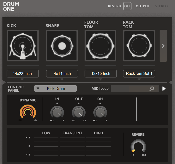 A digital drum machine interface showing Kick, Snare, Floor Tom, and Rack Tom drums with size labels, dynamic and EQ controls, knobs for in, out, gain, and reverb, plus a MIDI loop selection panel.