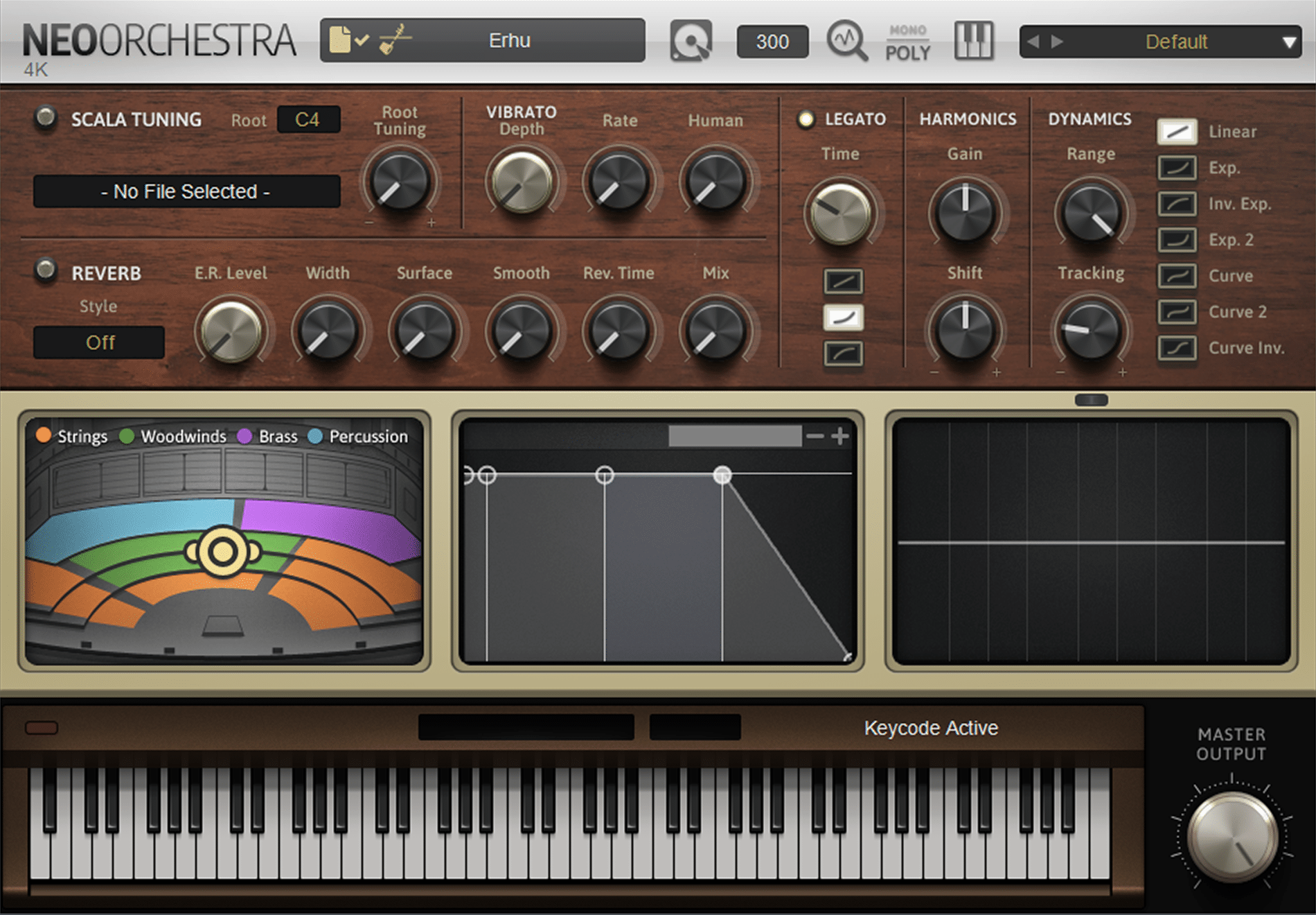 A digital interface for a virtual instrument plugin called NEOORCHESTRA, showing controls for tuning, reverb, vibrato, legato, harmonics, and dynamics, a keyboard, sound mixer, and instrument selection tabs.