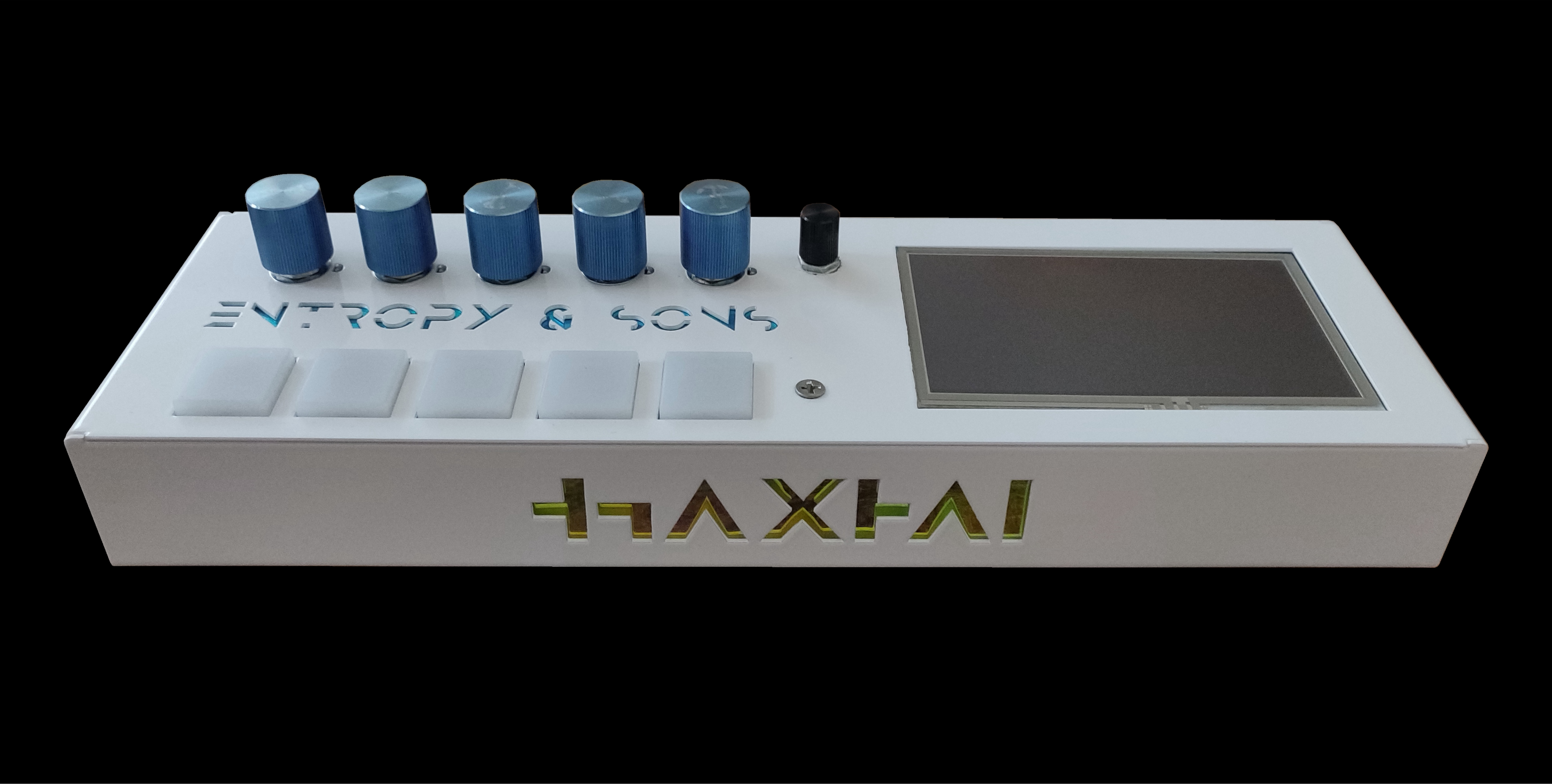 A white electronic device labeled “ENTROPY & SONS” with five blue knobs, one black knob, four white rectangular buttons, a large screen, and gold “HAVIAH” text on the front, set against a black background.