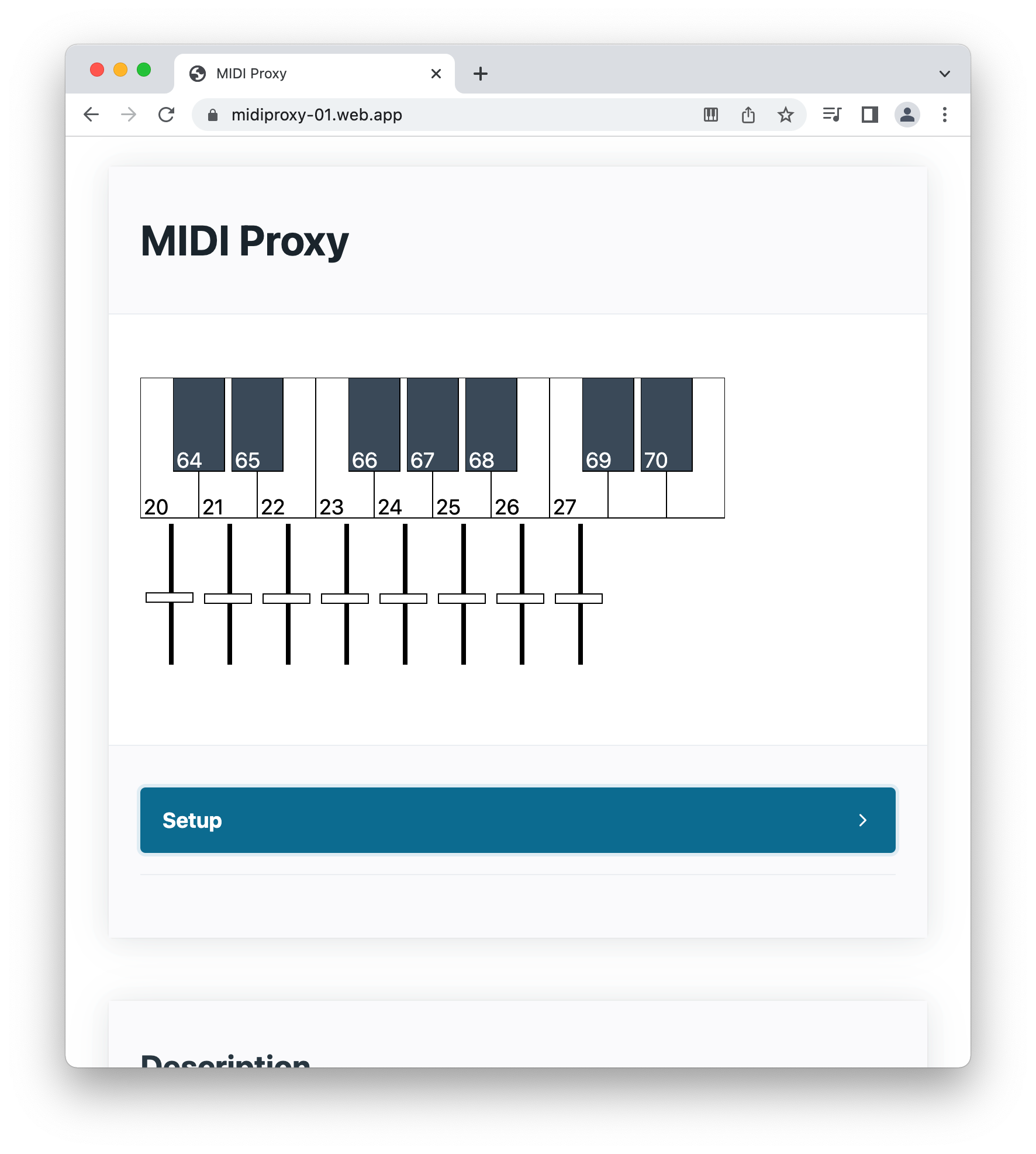 A web app called MIDI Proxy displays a bar graph with eight vertical bars numbered 20, 24, 25, 65, 66, 67, 68, 69, and 70, each paired with a slider control below. A Setup button is visible underneath.