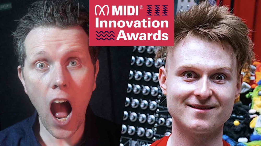 Two people are shown side by side under a MIDI Innovation Awards logo, one with a surprised expression and the other smiling, standing in front of music equipment.