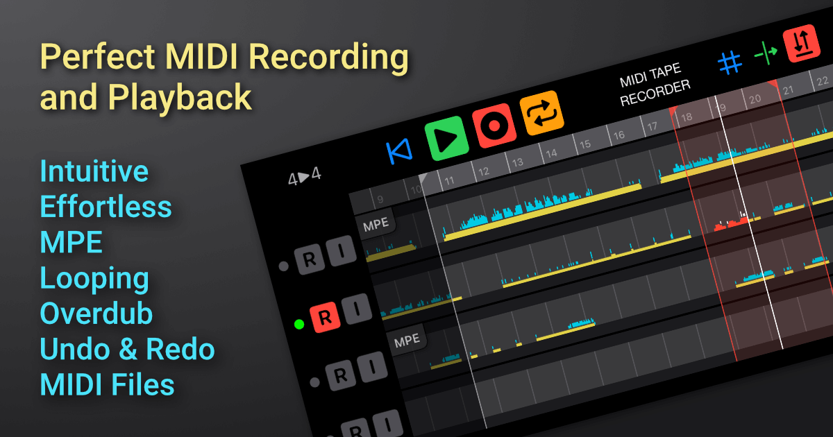A digital interface for MIDI recording and playback is shown, with playback controls and multiple tracks. Text highlights features: intuitive, effortless, MPE, looping, overdub, undo & redo, and MIDI file support.