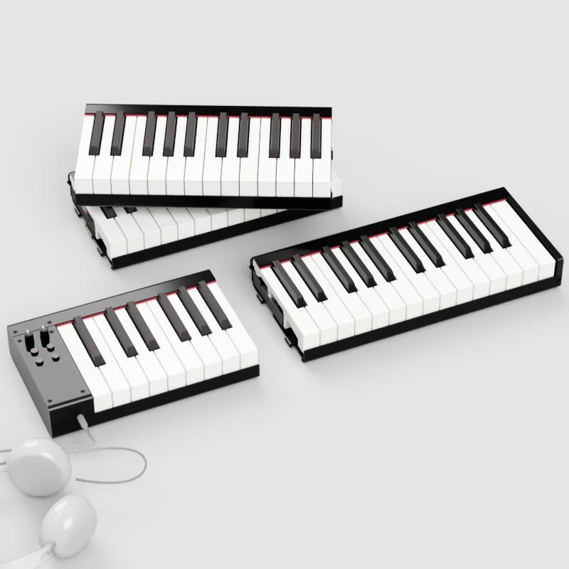 Four small piano keyboards are arranged on a light surface. One keyboard has additional control knobs and is connected to a pair of white earphones lying nearby.