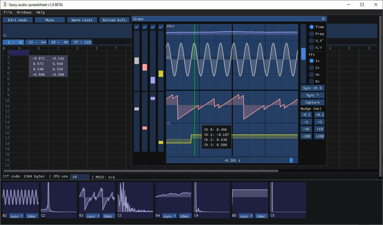 A digital audio editing software window showing multiple waveform and modulation graphs, parameter sliders, and a grid interface for creating and modifying sound patterns. Various frequency and amplitude data are displayed.