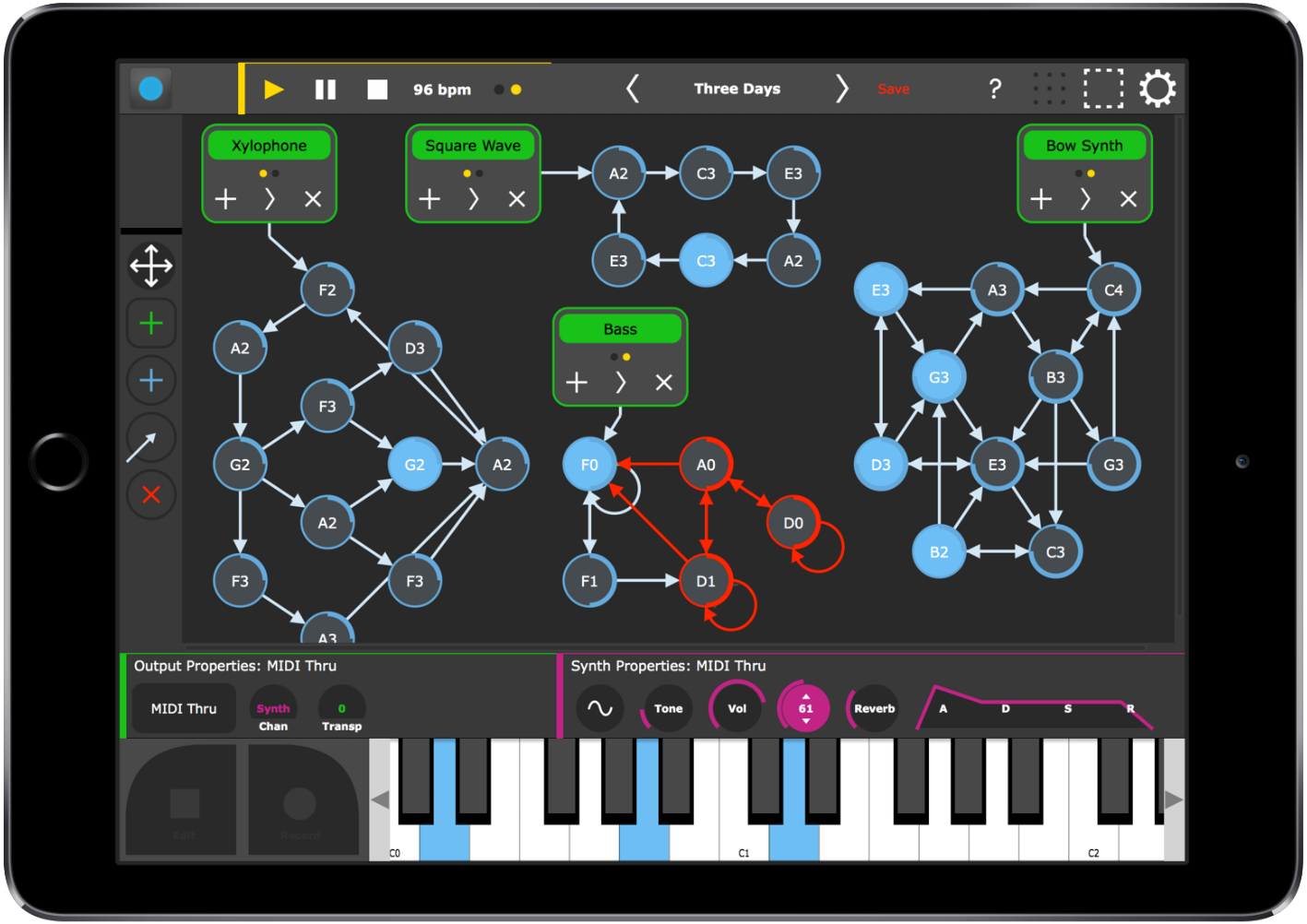 A tablet screen displays a music composition app with interconnected note nodes, labeled instruments, a piano keyboard at the bottom, and various control panels and icons for editing and playback.