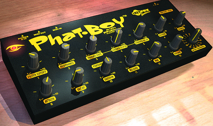 A black and yellow Phat-Boy MIDI controller sits on a wooden surface, featuring various knobs labeled for functions like filter cutoff, resonance, vibrato, sustain, pan, and more.