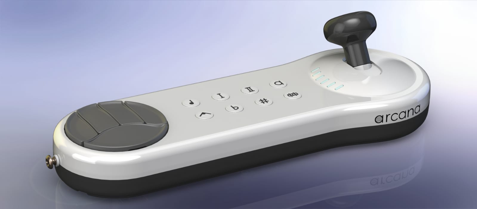 A sleek, modern controller with a joystick, several buttons, and a large dial. The device is white with black and gray accents and has the word arcana on its side. The background is a smooth gradient of light blues and purples.