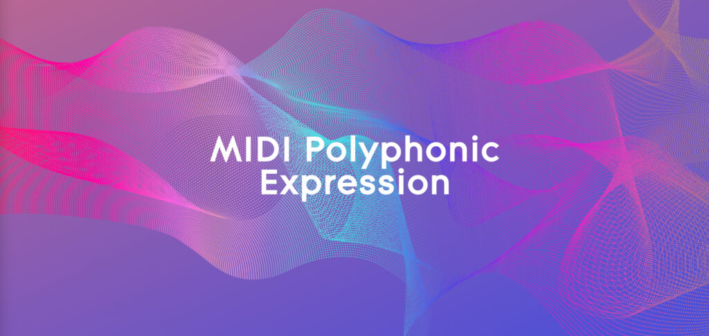 Abstract waves in pink, purple, and blue hues flow across a gradient background with the words MIDI Polyphonic Expression in bold white text centered in the image.