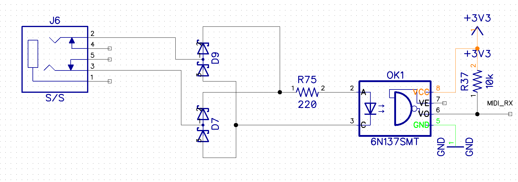 Schematic diagram showing an isolated signal input circuit with a connector (J6), optocoupler (6N137SMT), resistors, diodes, and connections to +3V3 power and signal output labeled MDL_RX.