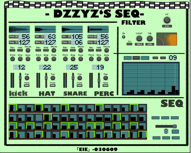 A digital drum machine interface labeled DZZYZ’S SEQ. It features knobs, sliders, grid buttons, and waveform screens for adjusting kick, hat, snare, and percussion sounds and filters.
