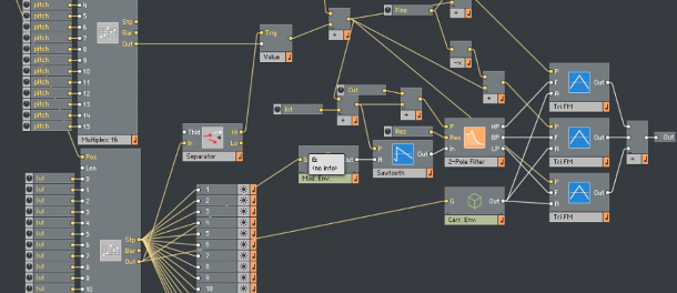 A screenshot of a modular synthesizer patching interface, showing various connected modules with labels such as pitch, value, separator, envelope, filters, and oscillators arranged in a flowchart-like layout.