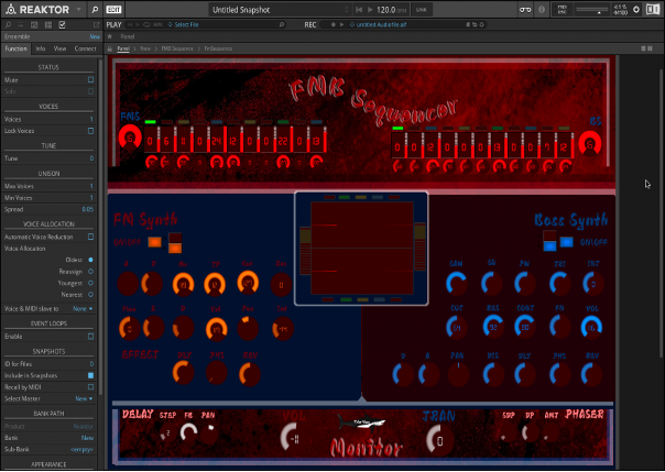 A digital audio plugin interface in dark red and blue tones displays various knobs, sliders, and buttons labeled for FM synth, bass synth, delay, and effects, with a sequencer section at the top and monitor graphics below.