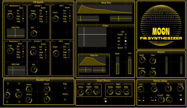 A digital interface for the MOON FM Synthesizer with labeled control panels, sliders, knobs, and graphic displays for FM synthesis, filters, effects, and master output, all in a yellow-on-black color scheme.