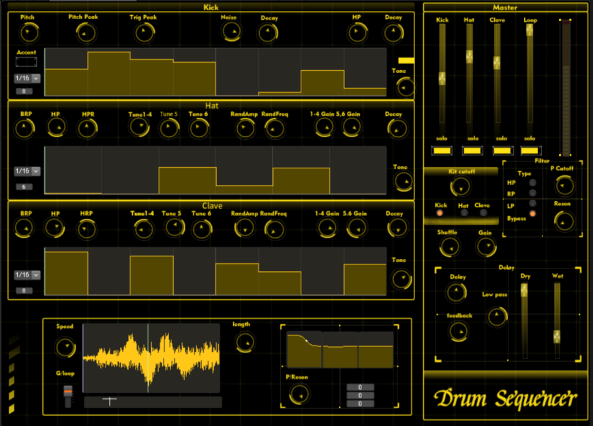 A digital drum sequencer interface with gold and black design, displaying controls for kick, hat, and clave sounds, step patterns, sound waveforms, mixer sliders, knobs, and buttons for adjusting audio settings.