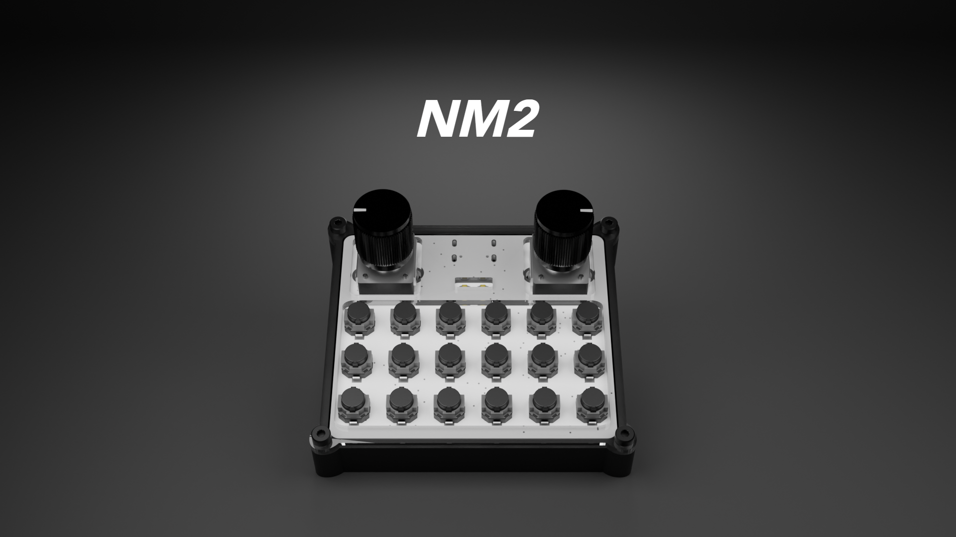 An electronic audio device labeled NM2 is displayed on a dark background, featuring multiple control knobs and two large dials on top.