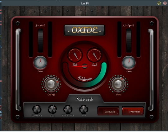 A digital audio plugin interface labeled OXIDE displays input and output meters, dials for cutoff and resonance, a central follower control, and a lower panel with reverb settings and buttons for screws and freeverb.