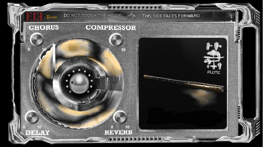 A retro-styled audio effects panel features large knobs for chorus, compressor, delay, and reverb. To the right, an image of a flute is labeled beneath Japanese characters. A “Do Not Touch The Inside” warning appears at the top.
