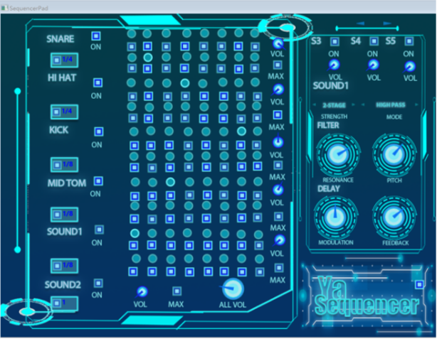 A computer screen displays a modular audio software interface with various interconnected modules, controls, and signal paths, showing a complex network of sound processing units and parameters.