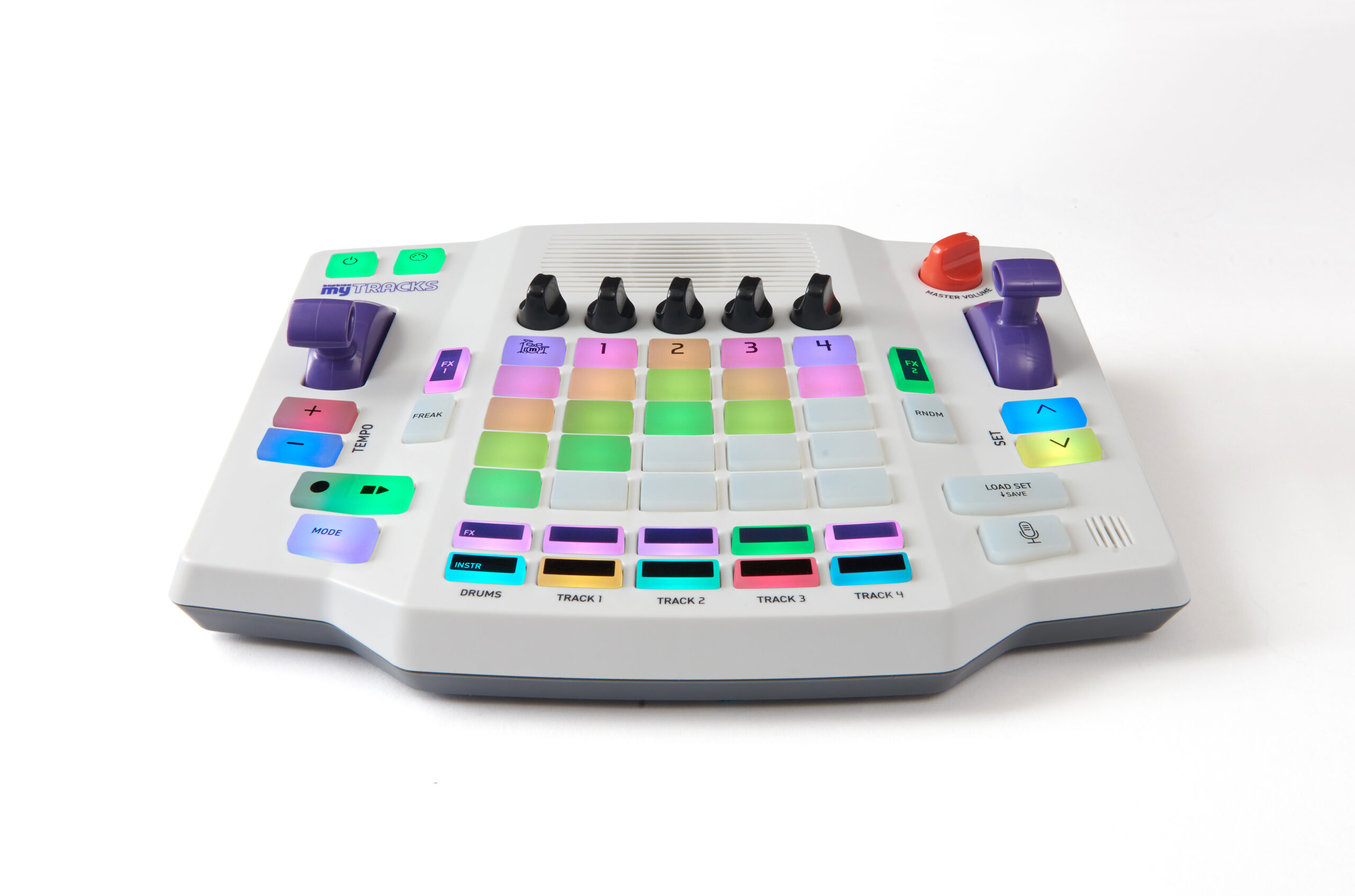 Electronic music controller with colorful, illuminated pads, buttons, knobs, and joysticks on a white background. The device features labeled buttons for tracks, play, stop, and other music controls.