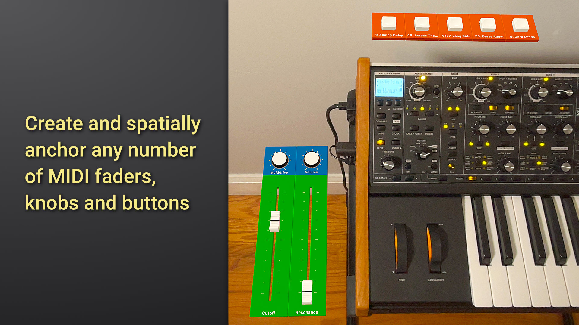 A synthesizer keyboard sits on a wooden stand next to a wall, with digital overlays showing a green panel with faders and blue knobs, orange buttons above, and text: Create and spatially anchor any number of MIDI faders, knobs and buttons.