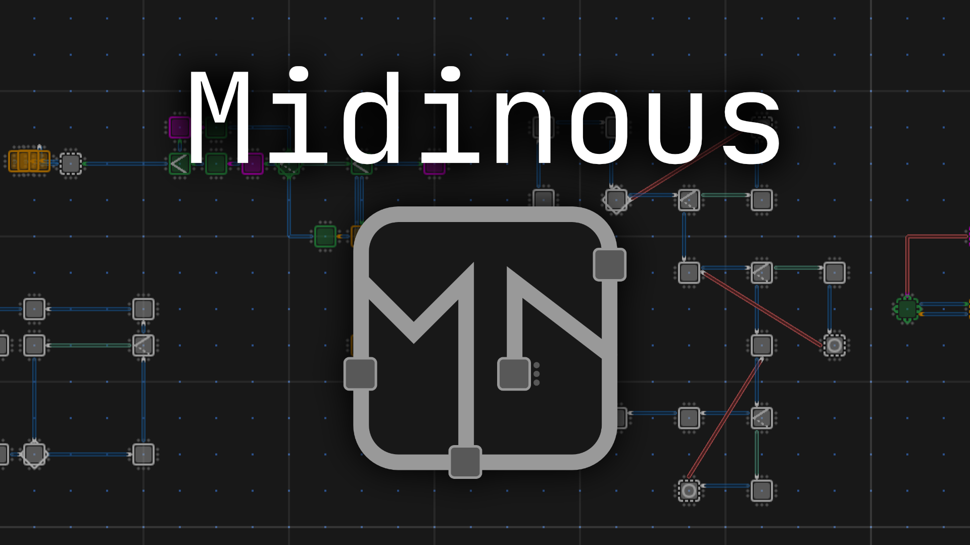 Large text reads Midinous above a stylized MN logo. In the background, a dark grid features various interconnected nodes and lines, resembling a digital music or sequencing interface.
