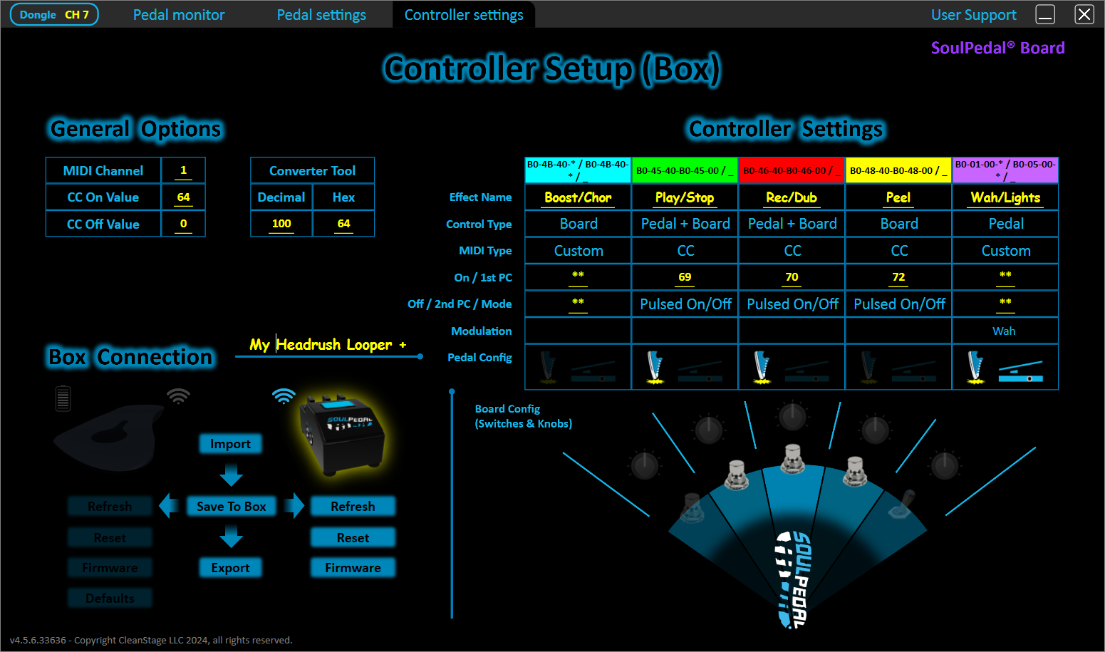 Screenshot of a Controller Setup (Box) interface. It shows MIDI settings, controller buttons (Box Do/Re/Do Pedal/Wah-Lights), custom assignments, a connection diagram, and import/refresh options.