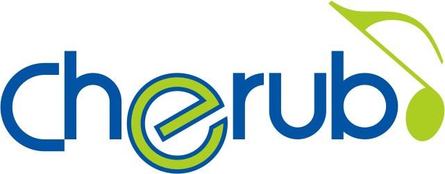 Logo for cherub with the e and u encircled in green. The b features a stylized green musical note extending from its top, replacing the letters upper curve.