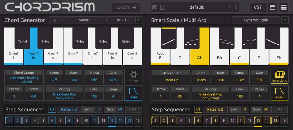 Screenshot of the CHORDPRISM music plugin interface showing Chord Generator and Smart Scale/Multi Arp sections, chord and scale options, piano keys, step sequencers, and various music settings and parameters.