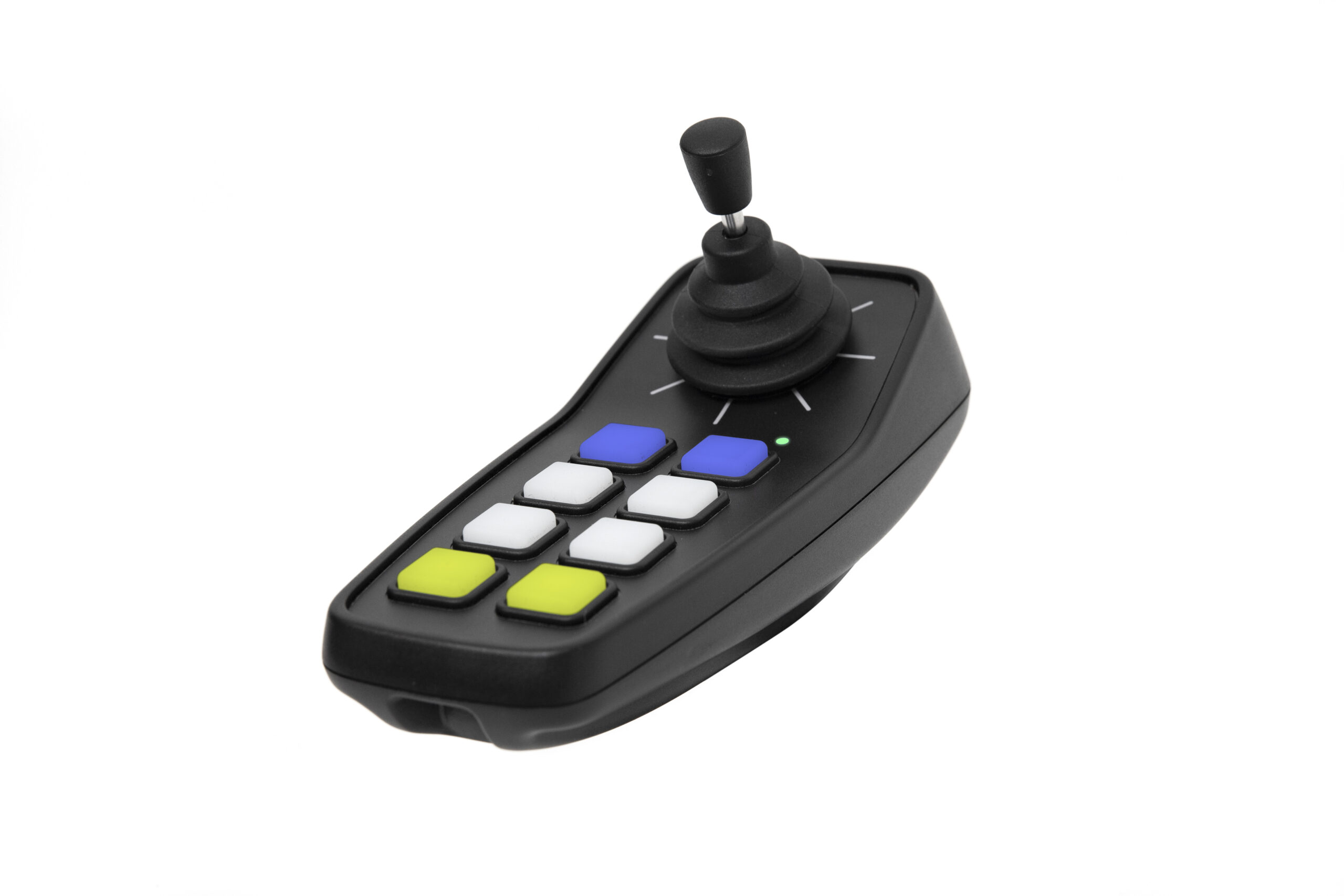 A black handheld joystick controller with a single joystick and eight square buttons in white, blue, yellow, and green, set against a white background.
