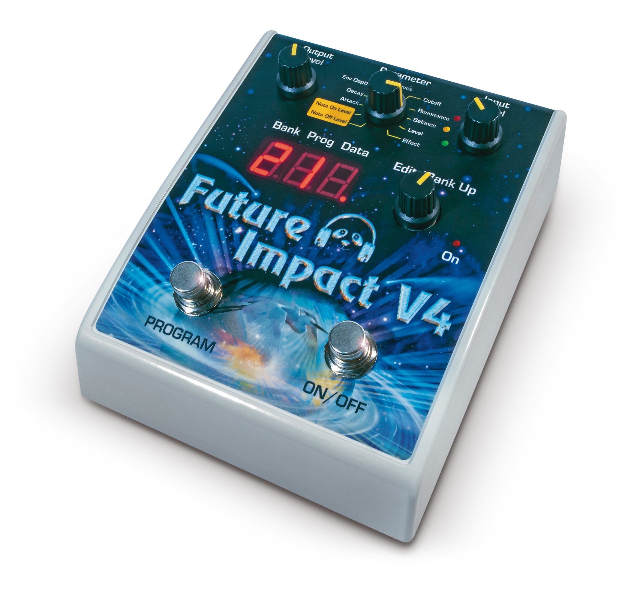 A rectangular effects pedal labeled Future Impact V4 with a digital display, several knobs, and two footswitches labeled Program and On/Off. The pedal has a blue cosmic-themed design.