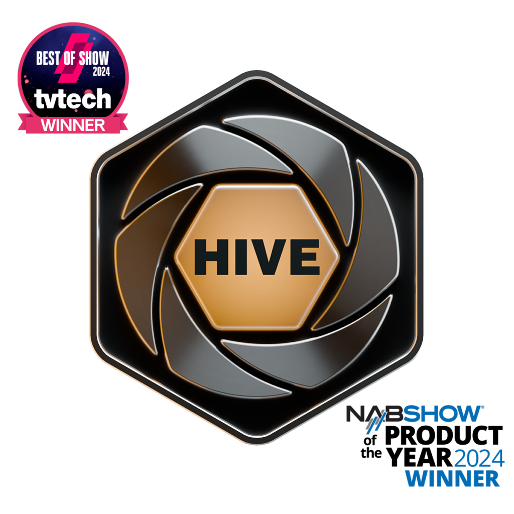 A hexagonal black and gold emblem with the word HIVE in the center. At the top left, a pink and black badge reads Best of Show 2024 TV Tech Winner. The AVNetwork logo is at the bottom right.
