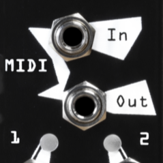 A close-up of a black device panel with two silver audio jacks labeled MIDI In and MIDI Out, and two numbered buttons labeled 1 and 2 below them.