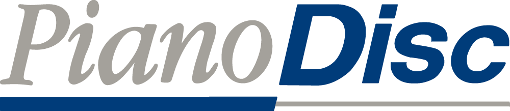 Logo with the word Piano in gray italic text and Disc in bold blue text, underlined with a partial blue line.