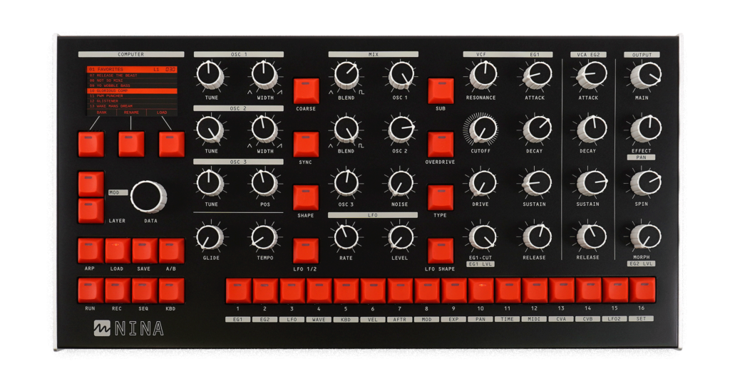 A black and red synthesizer with multiple knobs, buttons, and sliders arranged in rows, labeled with functions like TUNE, MIX, ATTACK, and DECAY. The bottom row has rectangular red buttons.