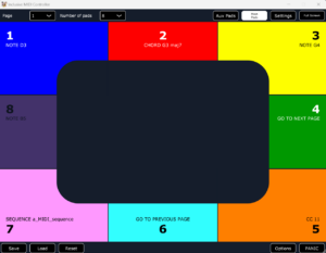 Screenshot of a colorful MIDI controller interface with eight labeled pads for musical notes and functions, and a dark central overlay. Buttons for Save, Load, Reset, Options, and Full Screen are at the bottom and top right.
