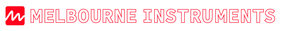 Red logo with a stylized waveform icon on the left, followed by the text MELBOURNE INSTRUMENTS in bold, uppercase, red outline letters on a transparent background.
