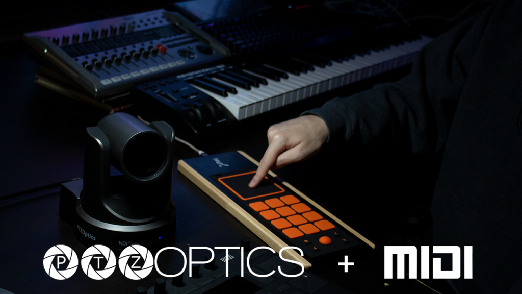 A person uses an electronic MIDI controller with orange pads and a wooden edge, surrounded by audio equipment. PTZOptics and MIDI logos are displayed at the bottom of the image.