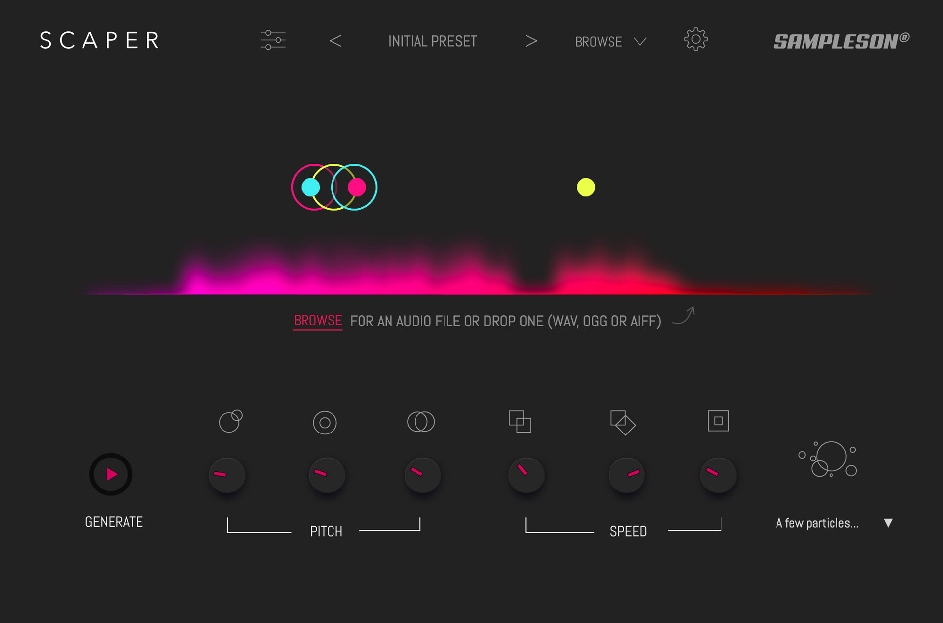 A digital audio interface with a black background shows colorful waveforms, circular controls labeled Generate, Pitch, Speed, and other settings, plus a Browse prompt to upload audio files. The logo Scaper is top left.