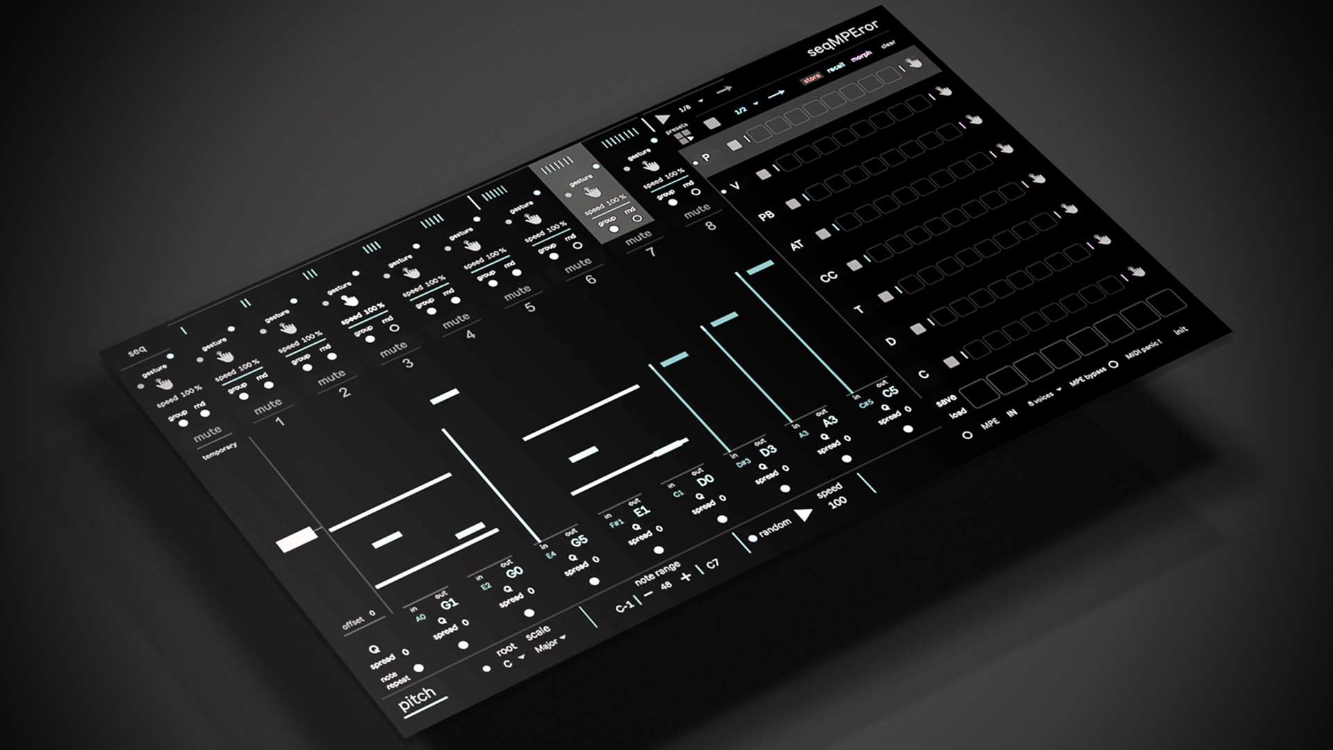 A digital music production interface featuring various sliders, buttons, and grid sections for adjusting audio levels, effects, and sequencing patterns, displayed on a dark background.