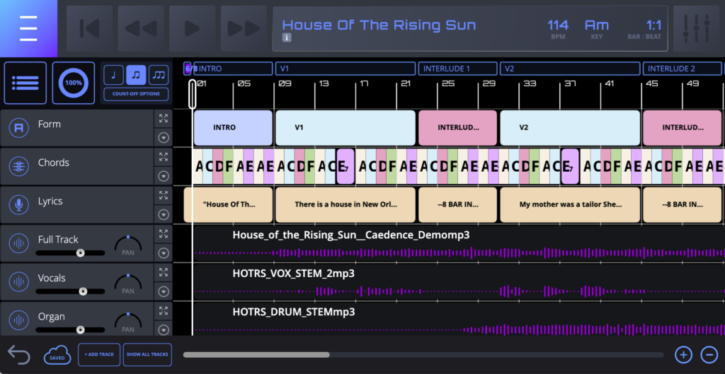 A digital music workstation screen displays the song House Of The Rising Sun in A minor at 114 BPM, showing sections, chord progressions, tracks for vox, drums, and options for form, chords, lyrics, and instruments on the left.
