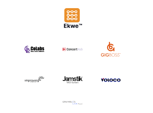 A collection of eight music-related company logos, including Ekwe, CoLabs, ConcertHub, GIGBOSS, Improving, Jamstik, VOLOCO, and Grumbles Law PLLC, arranged in a grid on a white background.