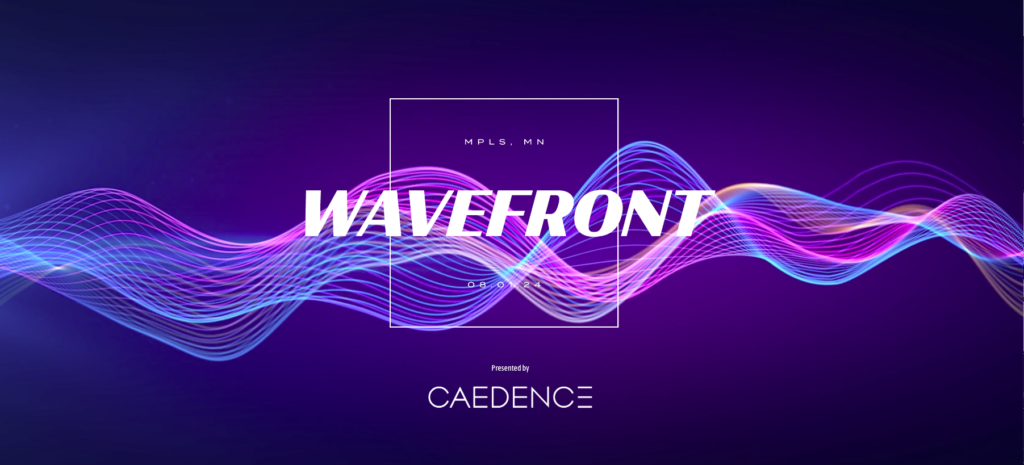 Abstract waves in neon blue and pink flow across a dark background. Text reads MPLS, MN | WAVEFRONT | 08.07.24, with Presented by Caedence below. Modern, tech-inspired design.