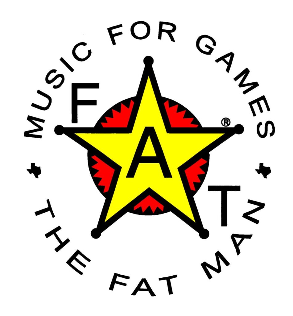 A yellow star with FAT inside sits on a red spiked circle. Surrounding text reads: MUSIC FOR GAMES at the top and THE FAT MAN at the bottom. Two small black shapes flank either side.