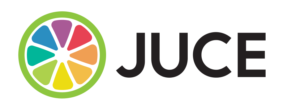 A colorful, stylized citrus slice with eight segments in different colors inside a green circle, next to the bold black word JUCE on a white background.