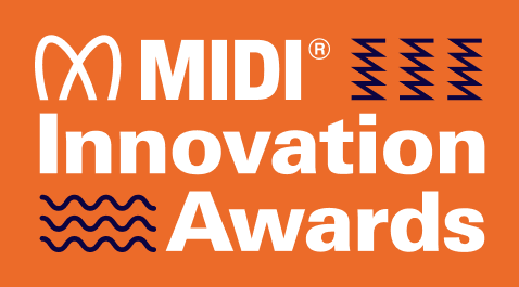 Orange graphic with the MIDI Innovation Awards logo in white text, featuring the MIDI symbol and decorative navy zigzag and wavy lines.