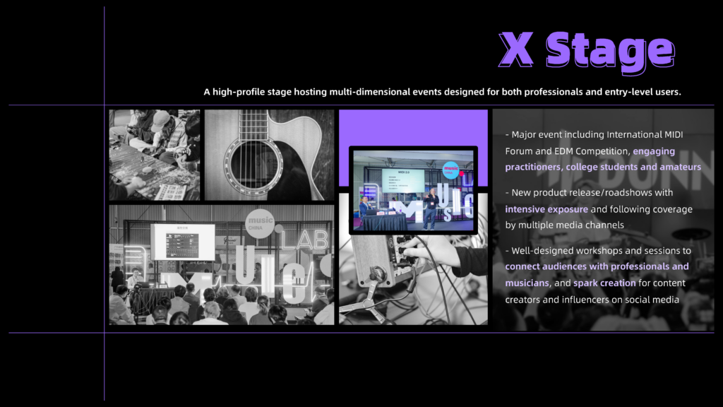 A promotional graphic for X Stage features black-and-white photos of musicians, speakers, and events, with purple accents and text highlighting major events, new product releases, and networking opportunities for professionals and amateurs.